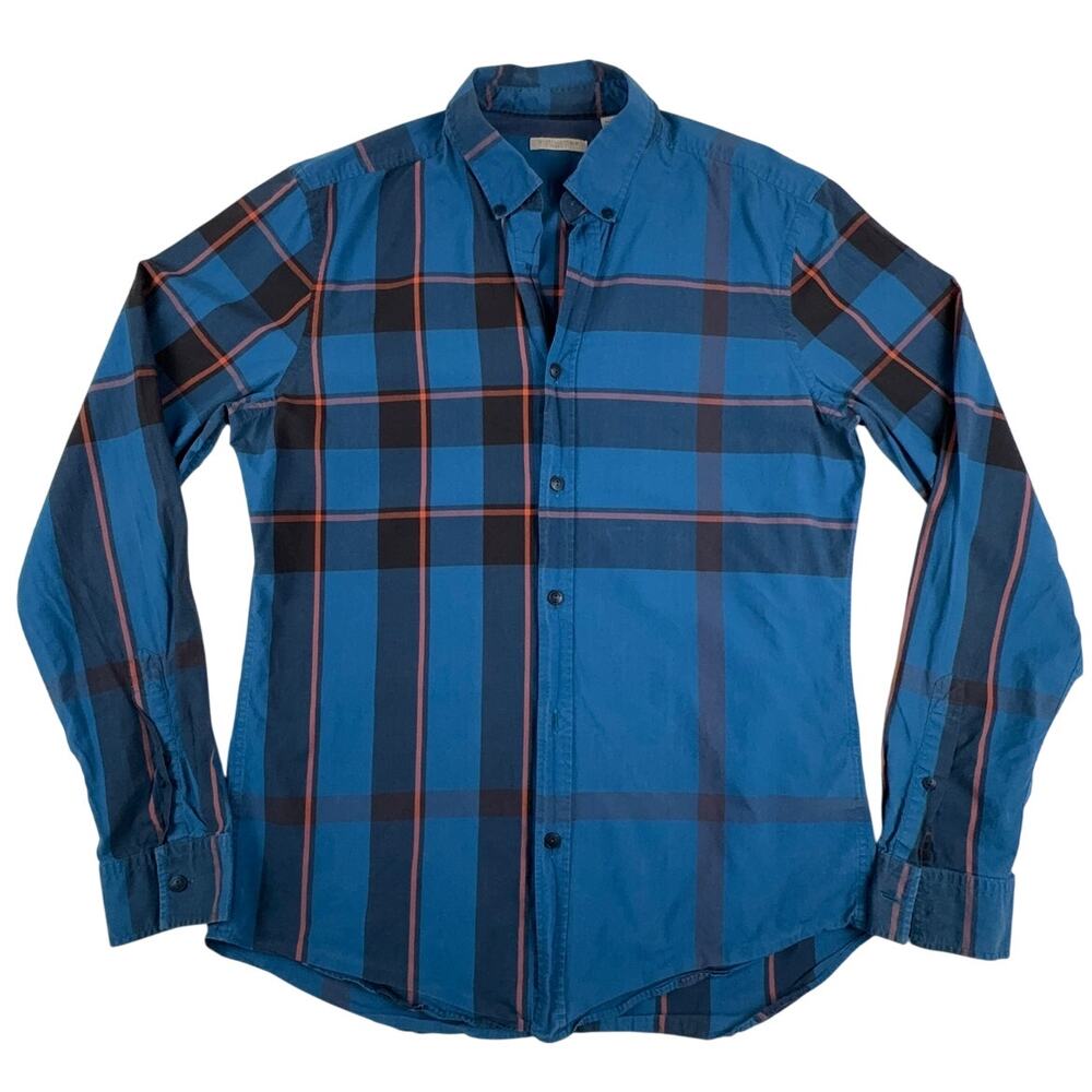 Burberry Brit Men's M Blue Large Check Plaid Long Sleeve Shirt Missing Buttons